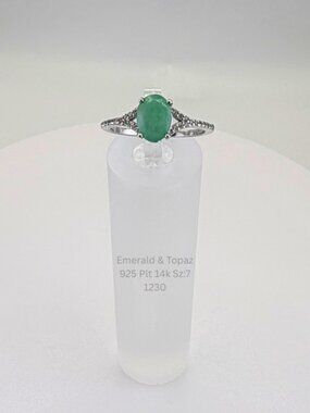 Emerald & White Topaz Ring Sz 7 925 Sterling Silver 14K Gold Plated